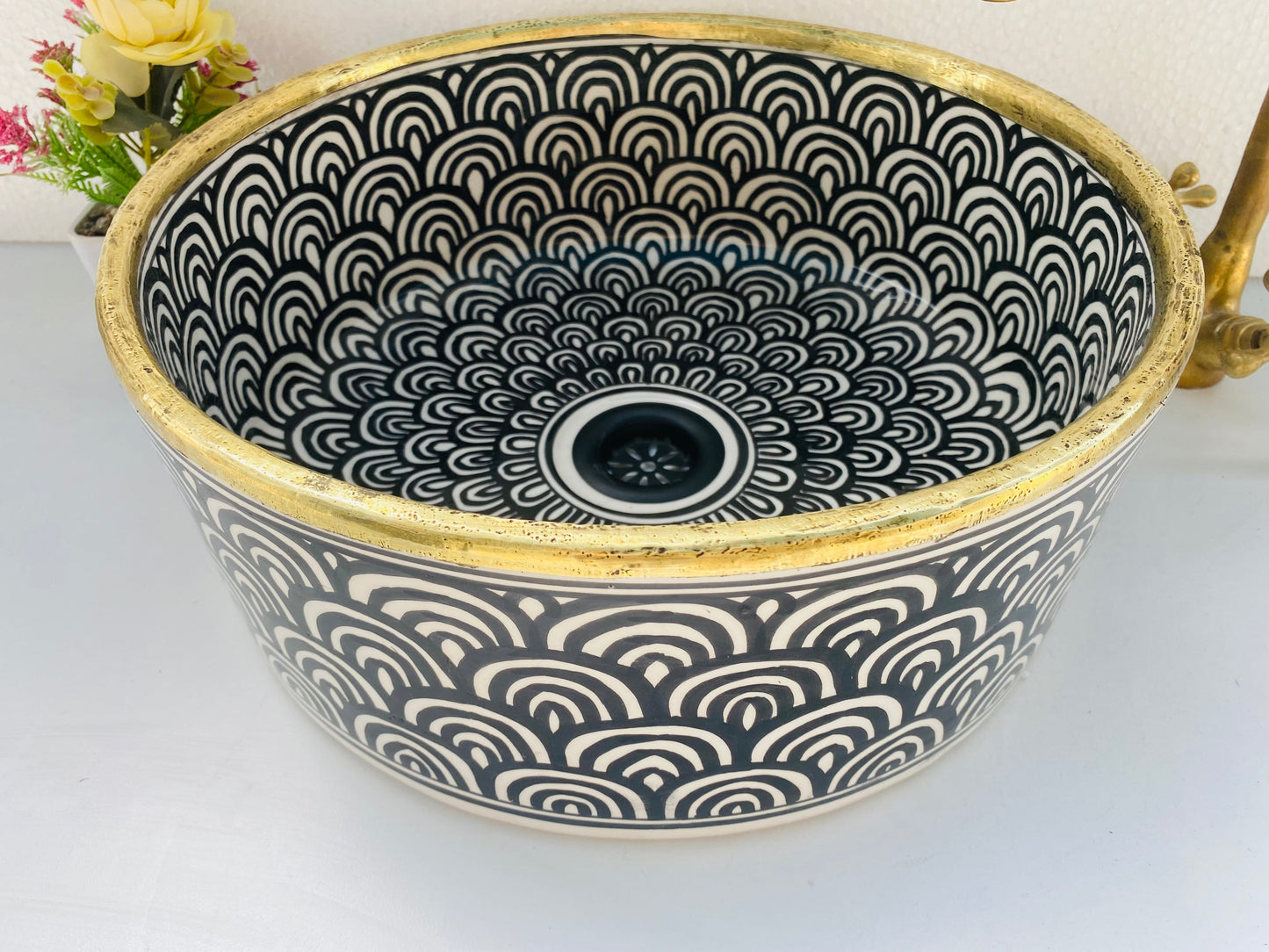 Bathroom vessel sink 14k gold rimmed - washbasin mid century hand painted sink - modern bathroom basin