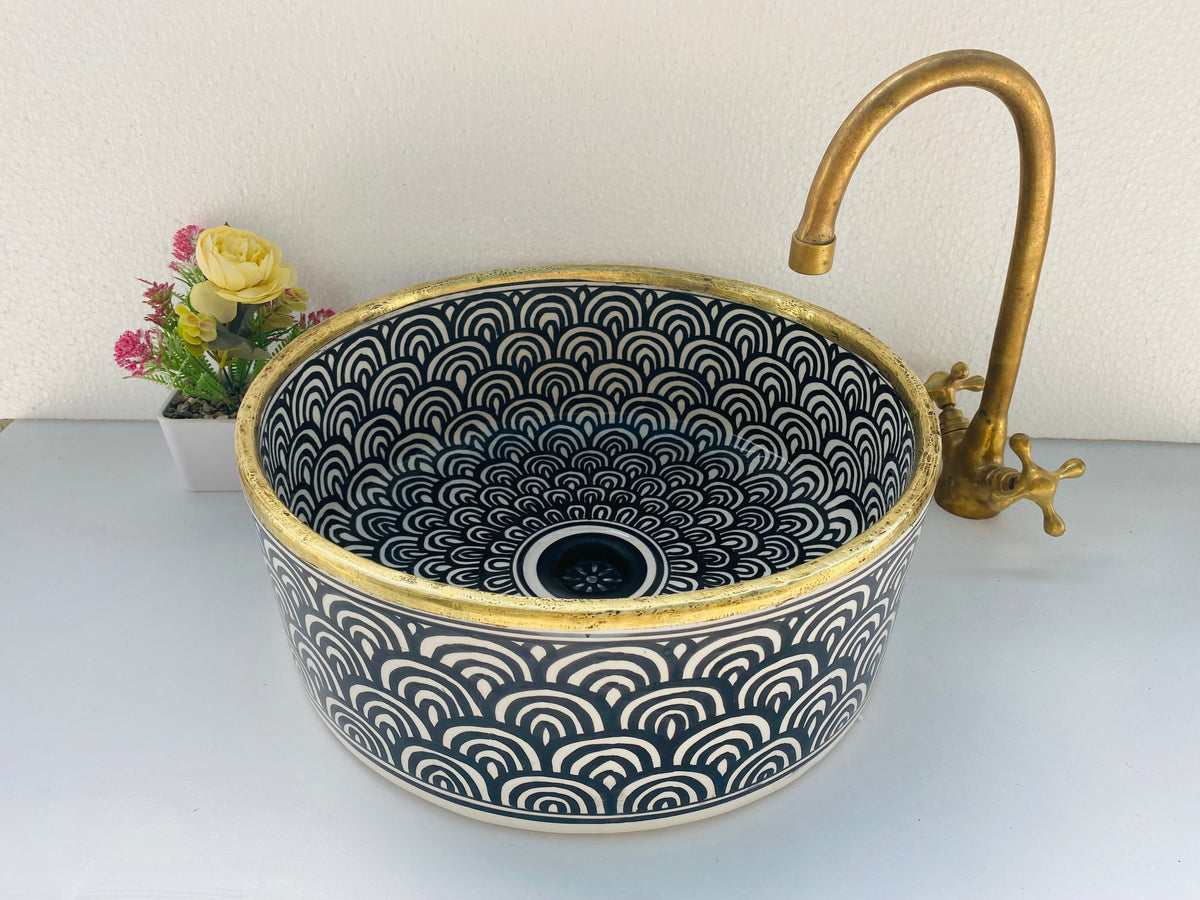 Bathroom vessel sink 14k gold rimmed - washbasin mid century hand painted sink - modern bathroom basin