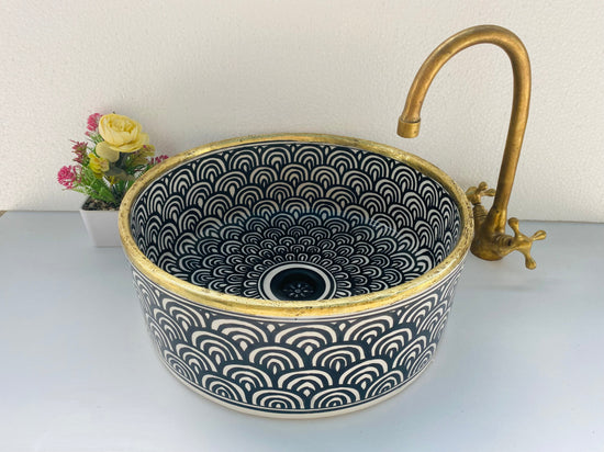 Bathroom vessel sink 14k gold rimmed - washbasin mid century hand painted sink - modern bathroom basin