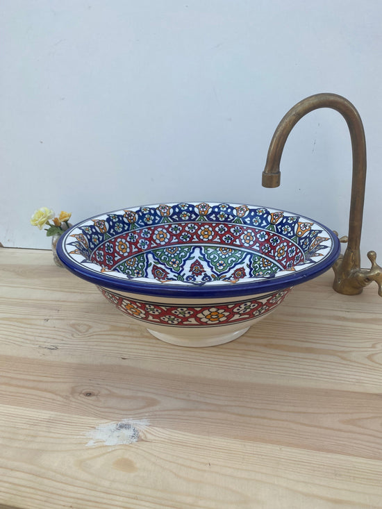 Moroccan Bathroom vessel sink made from ceramic 100% handmade hand painted, Bathroom mid century modern styling