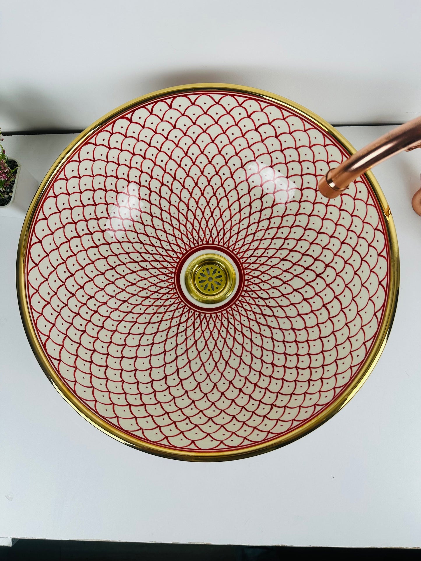 Pink 14 Karat Gold rimmed ceramic sink -  handcrafted bathroom vessel - rose lavatory modern bowl washbasin