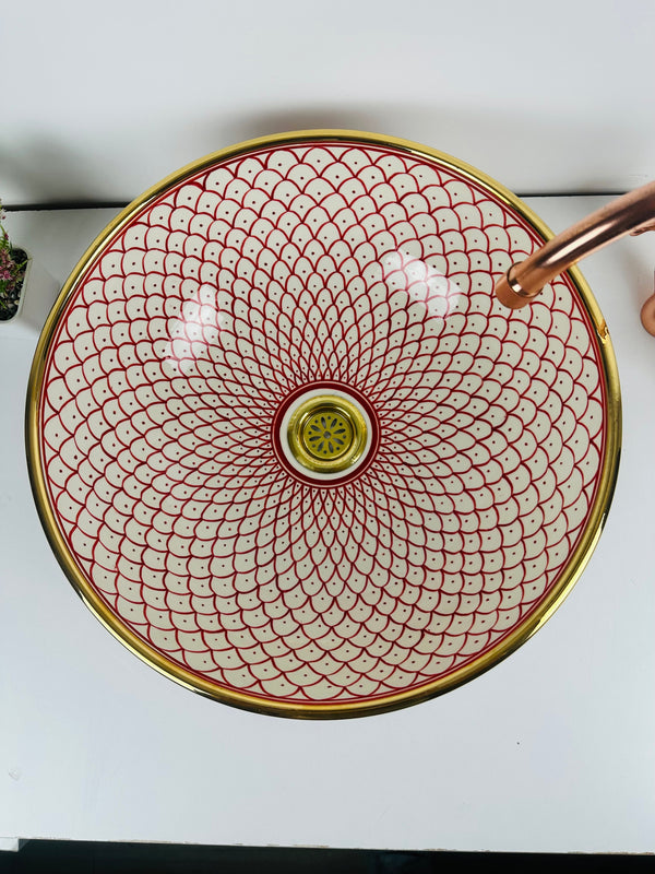 Pink 14 Karat Gold rimmed ceramic sink -  handcrafted bathroom vessel - rose lavatory modern bowl washbasin