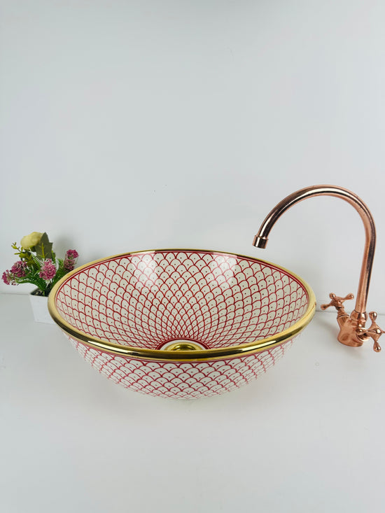 Pink 14 Karat Gold rimmed ceramic sink -  handcrafted bathroom vessel - rose lavatory modern bowl washbasin