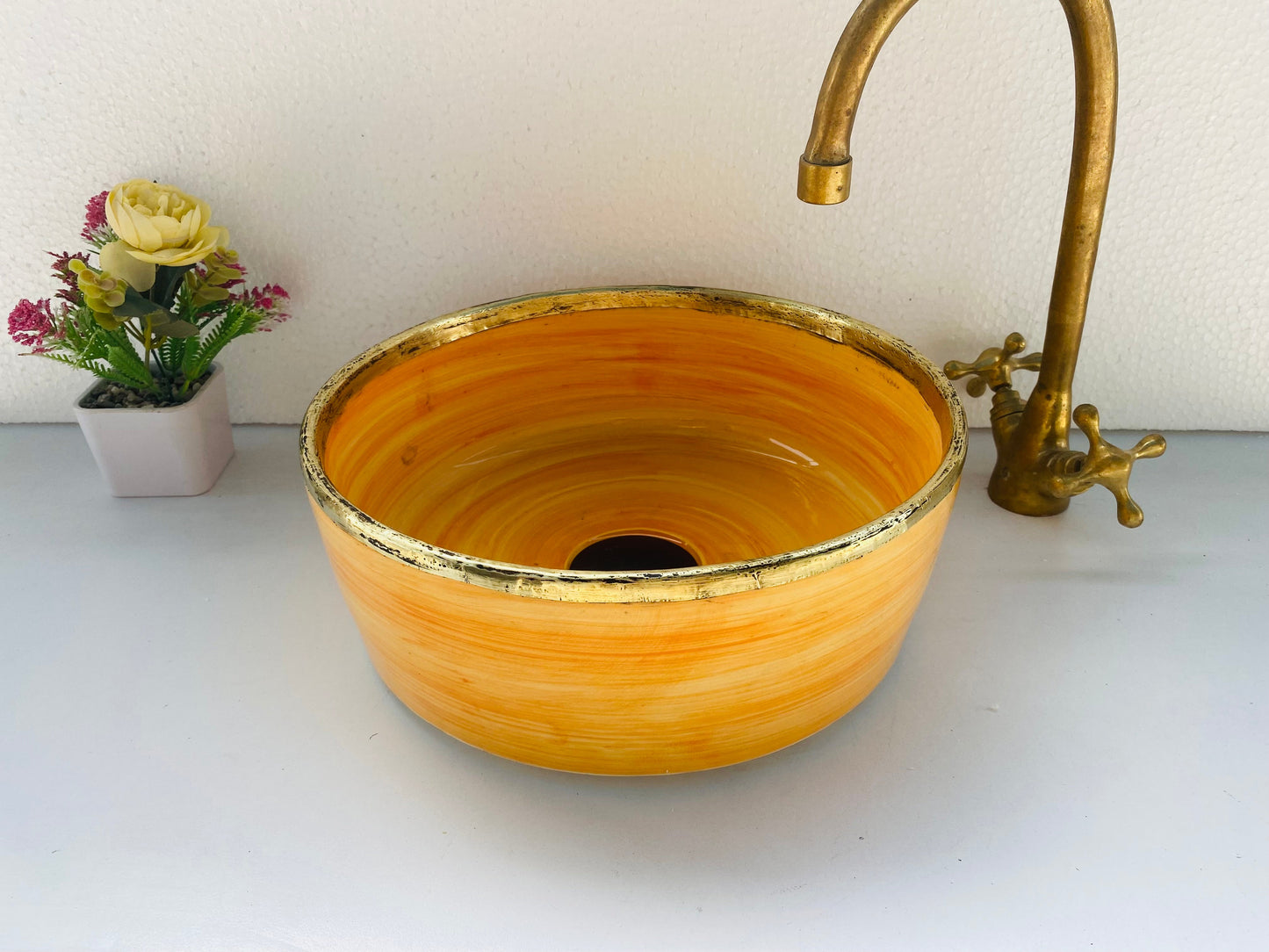 Orange bathroom sink - Brushed Solid Brass Rimmed Basin -  Basin with Mid-Century Modern - blue ceramic sink Artisanal Farmhouse  Basin