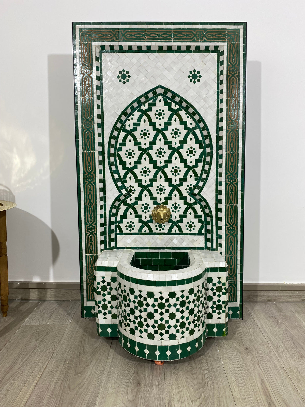 Handmade Moroccan Mosaic Fountain - Traditional Artisanal Water Feature - Handcrafted Islamic Art Fountain - green white Zellige Fountain
