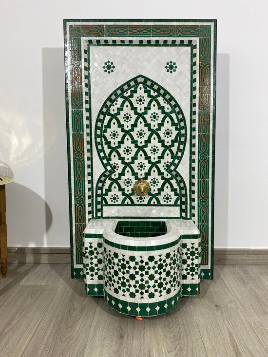Handmade Moroccan Mosaic Fountain - Traditional Artisanal Water Feature - Handcrafted Islamic Art Fountain - green white Zellige Fountain