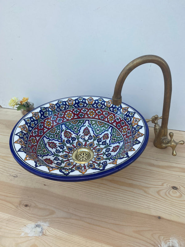 Moroccan Bathroom vessel sink made from ceramic 100% handmade hand painted, Bathroom mid century modern styling