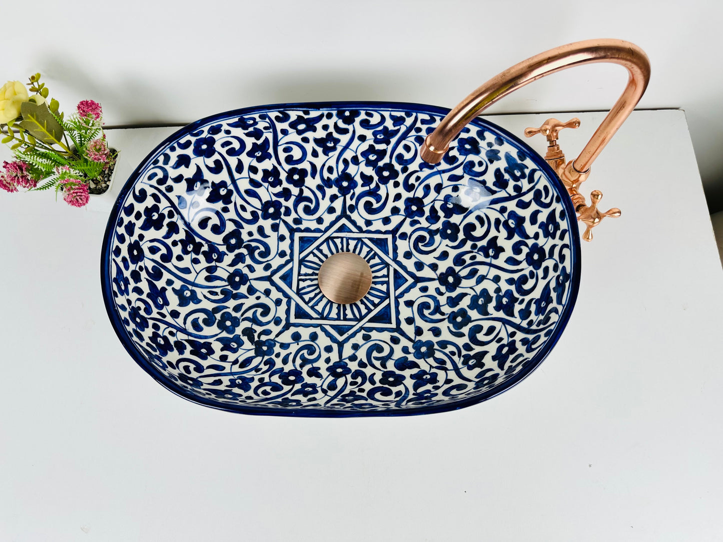 Mid century modern oval blue sink flower - farmehouse bathroom vessel washbasin ovel