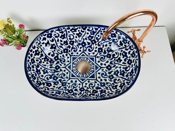 Mid century modern oval blue sink flower - farmehouse bathroom vessel washbasin ovel