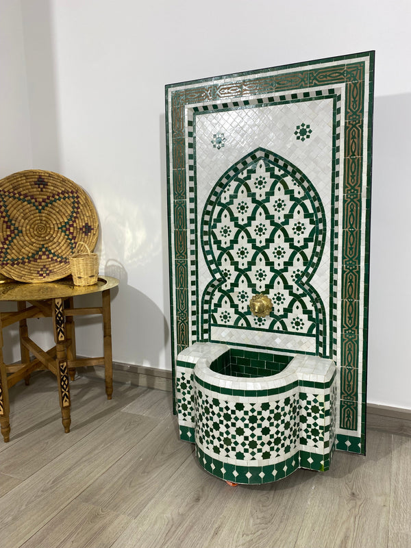 Handmade Moroccan Mosaic Fountain - Traditional Artisanal Water Feature - Handcrafted Islamic Art Fountain - green white Zellige Fountain
