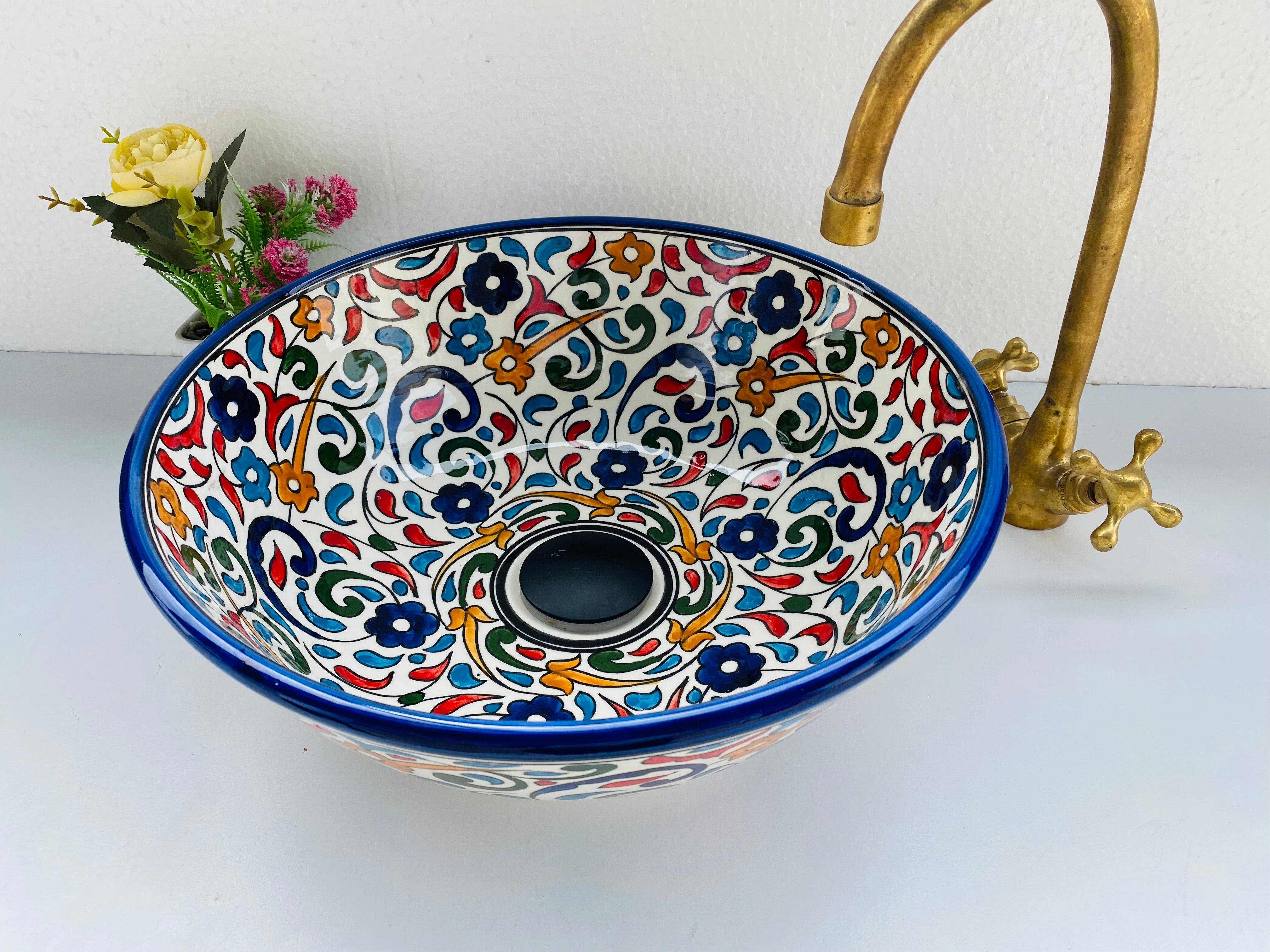 Bathroom vessel sink 100% handcrafted, Unique washbasin hand painted, Round Wash washbasin, outlets Free worldwide delivery