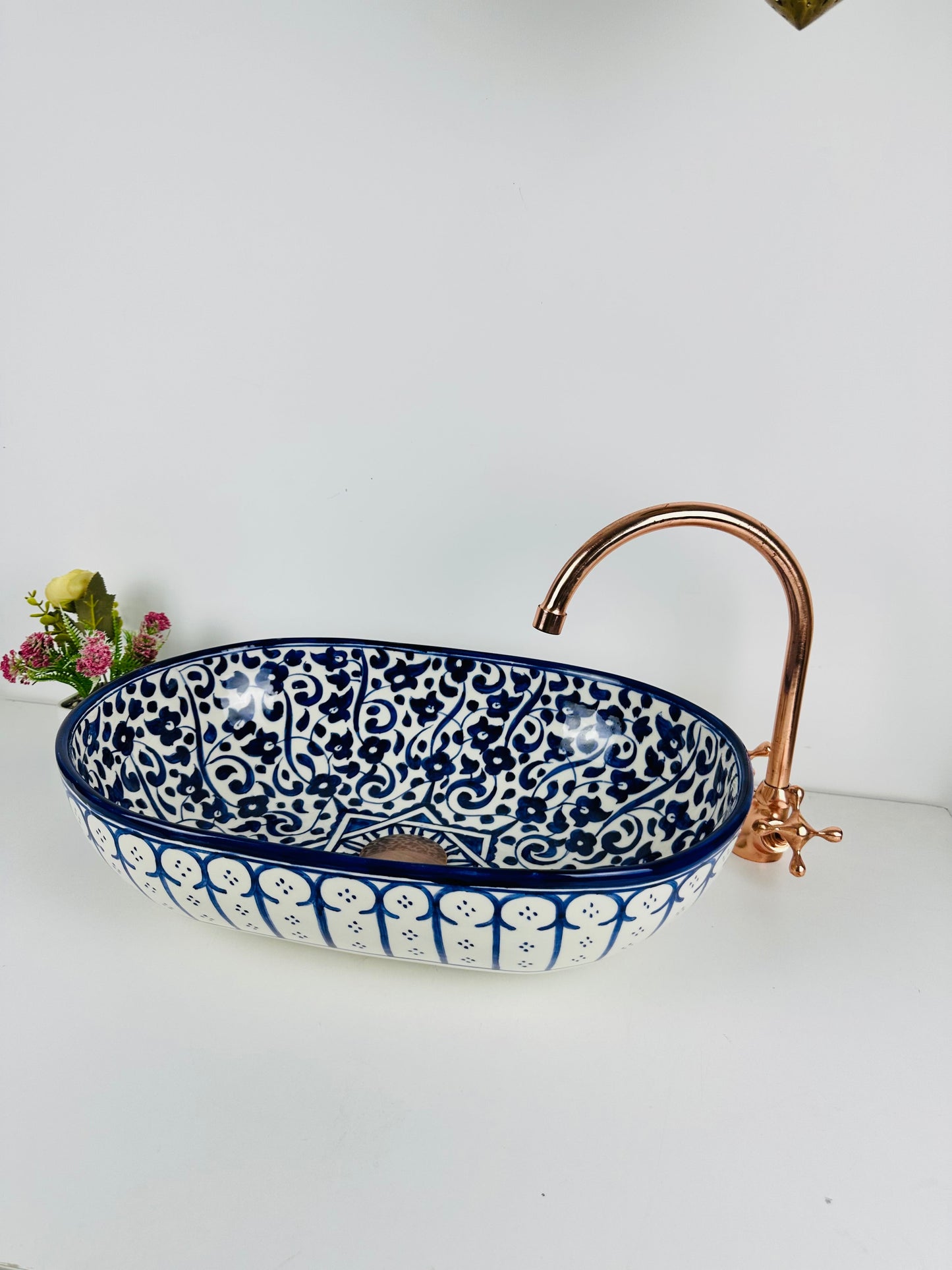 Mid century modern oval blue sink flower - farmehouse bathroom vessel washbasin ovel