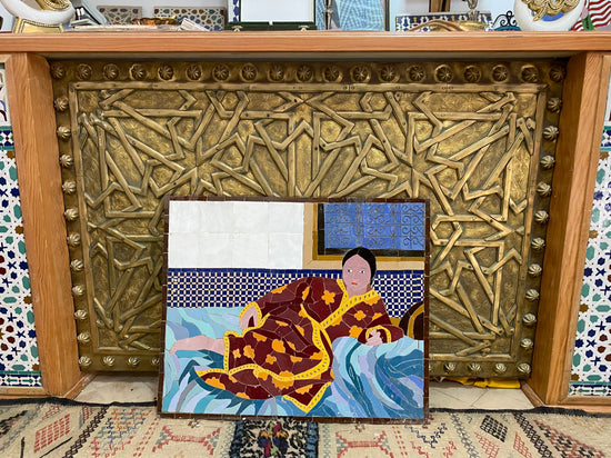Moroccan mosaic wall hanging with Metal frame, small mosaic pieces Moroccan woman art work , wall mosaic decor mosaic art  , tiles clay wall