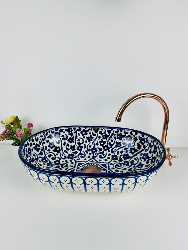 Mid century modern oval blue sink flower - farmehouse bathroom vessel washbasin ovel