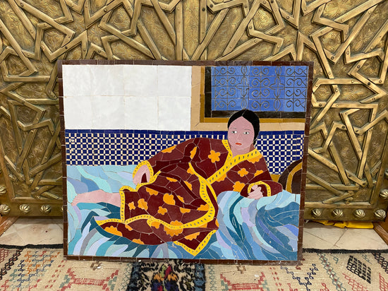 Moroccan mosaic wall hanging with Metal frame, small mosaic pieces Moroccan woman art work , wall mosaic decor mosaic art  , tiles clay wall