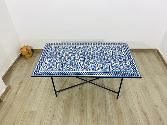 Modern table for indoor and outdoor - 100% handmade mosaic tiles - Customizable pattern and colors - Built with mid-century modern Flair.