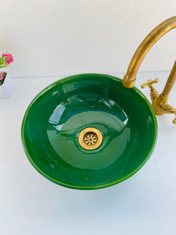 Bathroom vessel sink emerald green -  ceramic 100% handmade - green Bathroom modern bowel basin -  mid century Flair basin