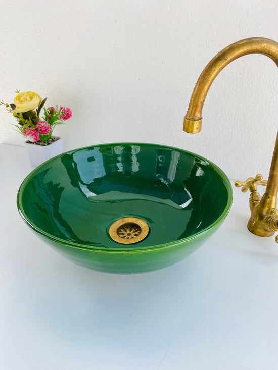 Bathroom vessel sink emerald green -  ceramic 100% handmade - green Bathroom modern bowel basin -  mid century Flair basin