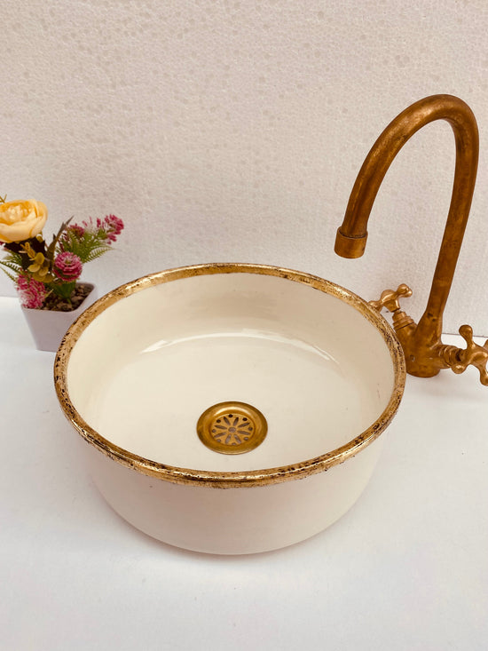 Bathroom veseel sink Brushed Solid Brass Rimmed  -  washBasin with Mid-Century Modern  - Artisanal Farmhouse basin free gift with