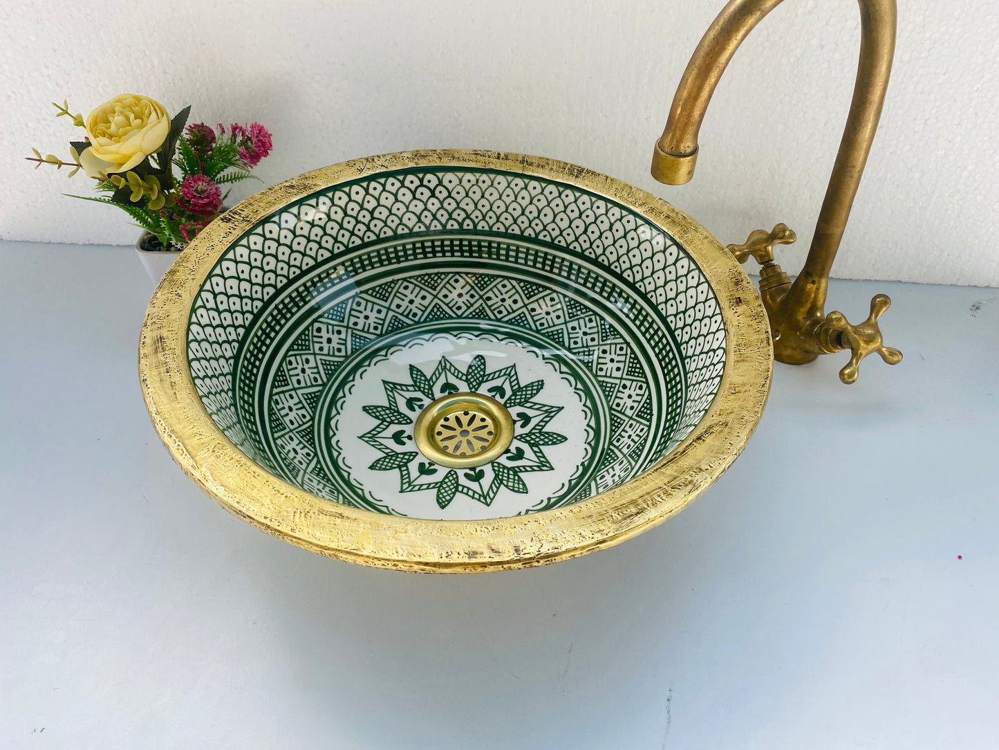 Brushed Solid Brass Rimmed Basin Green -  Basin with Mid-Century Modern Flair - Artisanal Farmhouse green sink