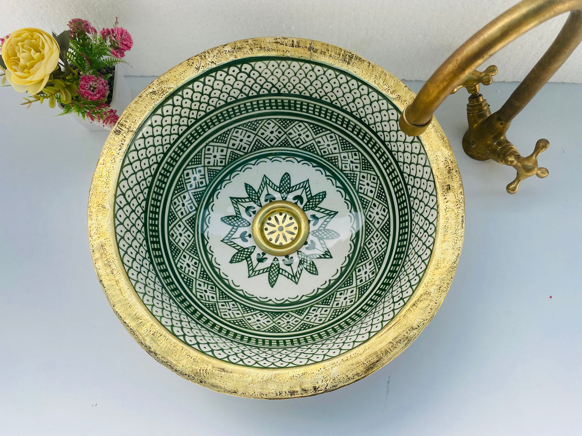 Brushed Solid Brass Rimmed Basin Green -  Basin with Mid-Century Modern Flair - Artisanal Farmhouse green sink