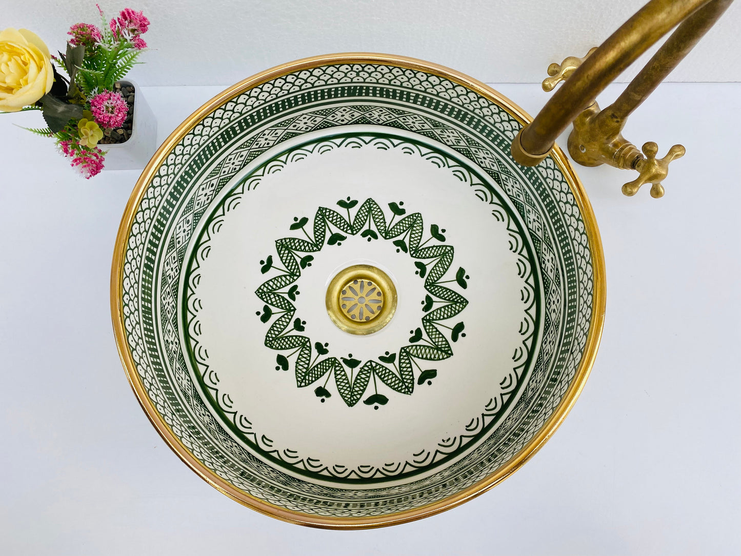 Personalization sink 14k gold emerlad green bathroom washbasin mid century hand painted sink