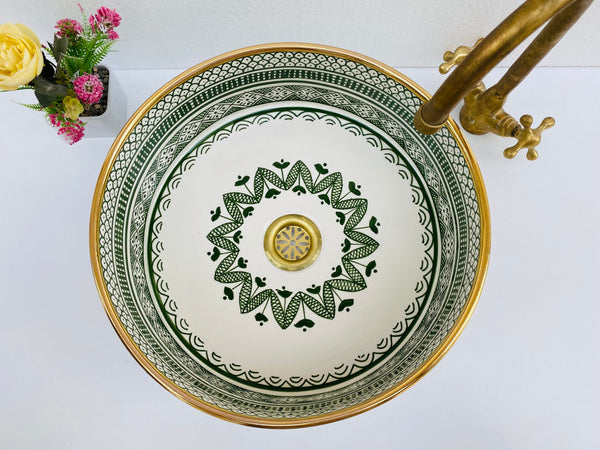 Personalization sink 14k gold emerlad green bathroom washbasin mid century hand painted sink