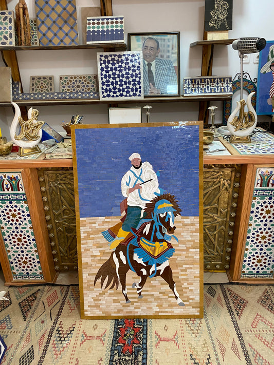 Moroccan mosaic wall hanging with wooden frame, small mosaic pieces horse Fantasia