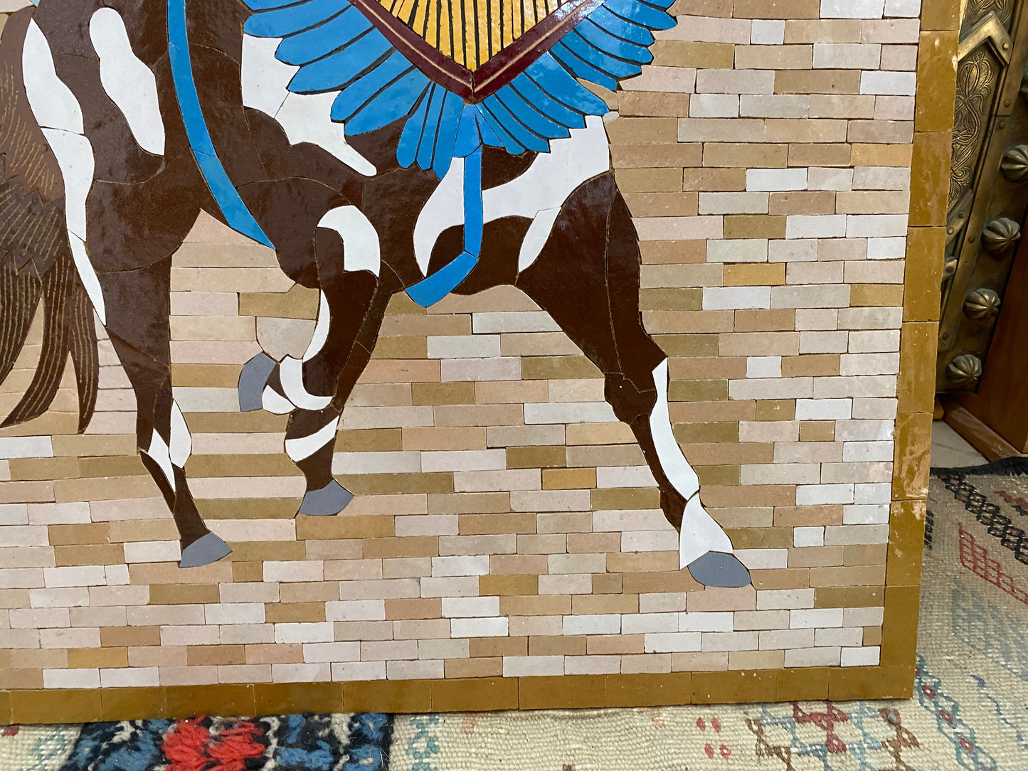 Moroccan mosaic wall hanging with wooden frame, small mosaic pieces horse Fantasia