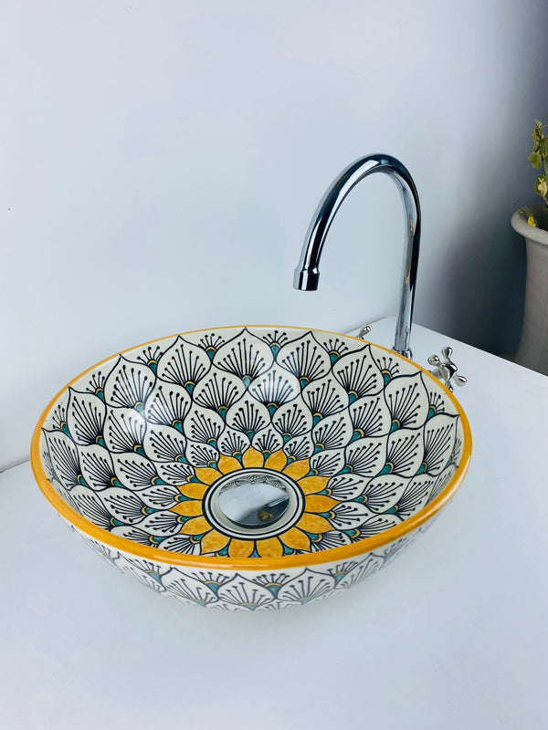 Sun flower bathroom vessel sink made from ceramic 100% handmade hand painted for bathroom - sink decor built with mid century modern Flair
