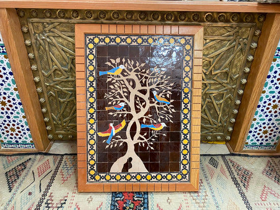 Moroccan Black mosaic wall hanging with wooden frame, small mosaic pieces birds on a tree, wall mosaic decor mosaic art  , tiles clay wall art