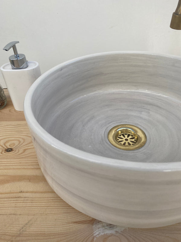 Marrakech sink of white and gray sink made from ceramic 100% handmade hand painted, ceramic sink decor built with mid century modern styling