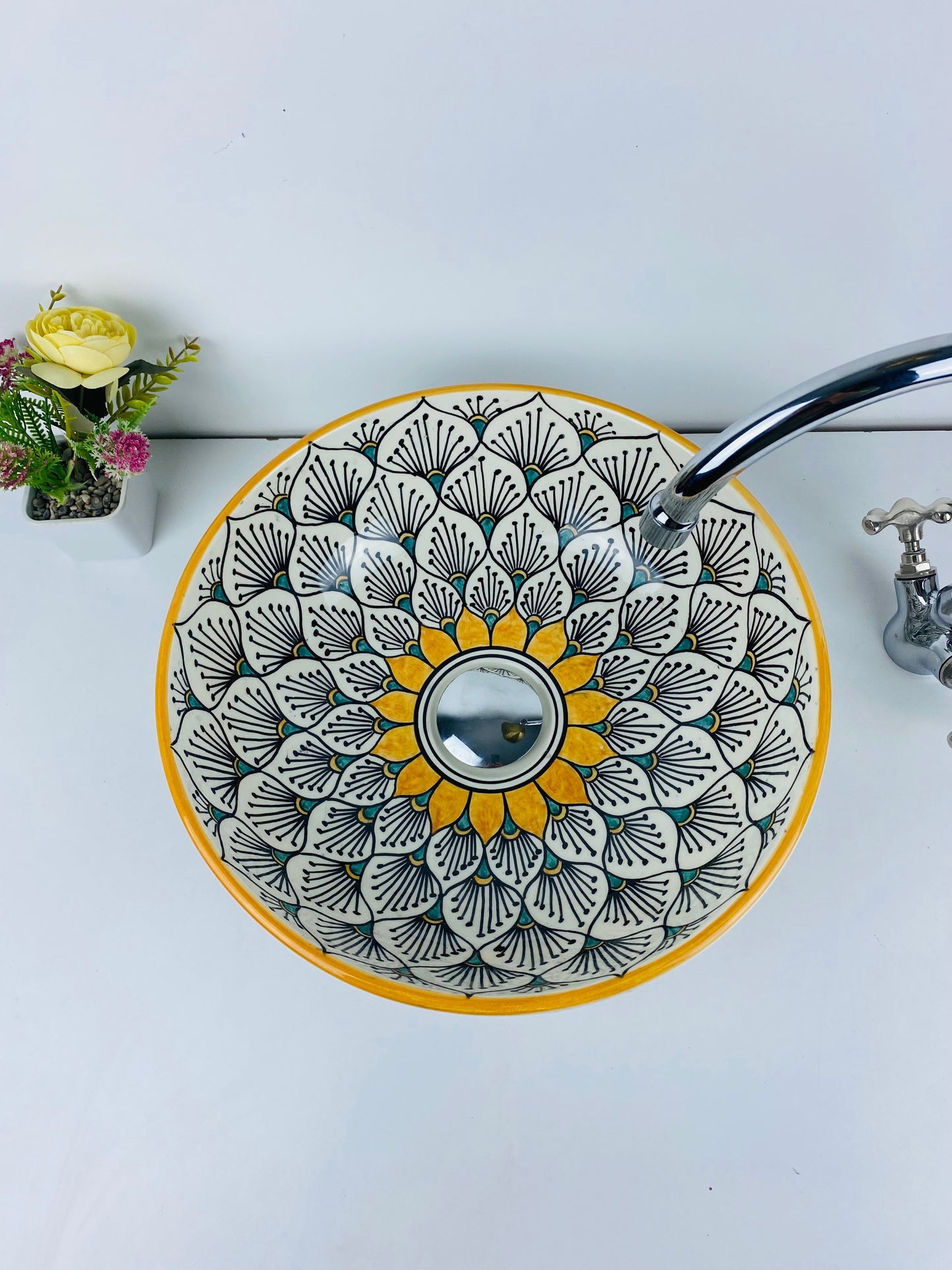 Sun flower bathroom vessel sink made from ceramic 100% handmade hand painted for bathroom - sink decor built with mid century modern Flair