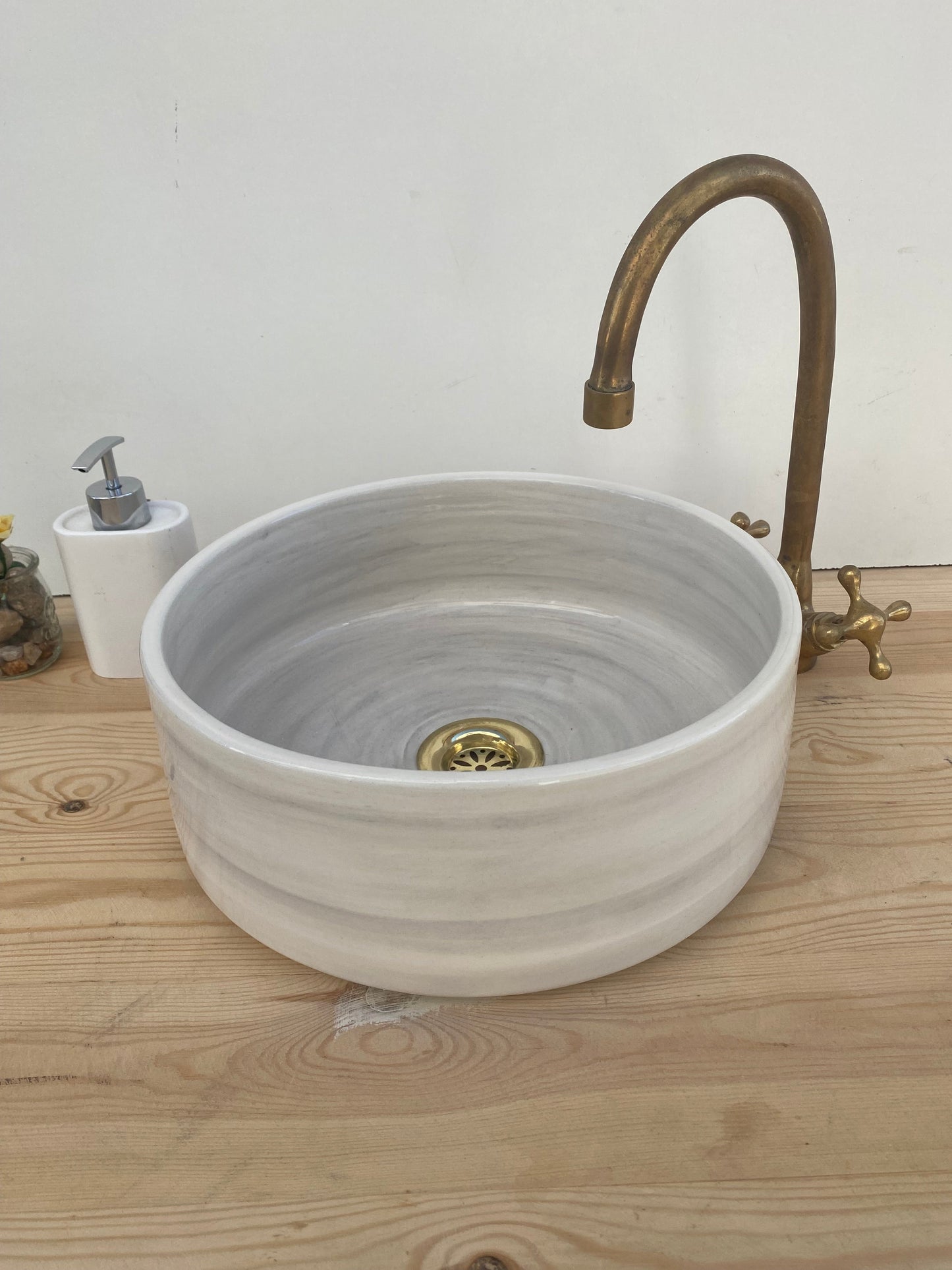 Marrakech sink of white and gray sink made from ceramic 100% handmade hand painted, ceramic sink decor built with mid century modern styling
