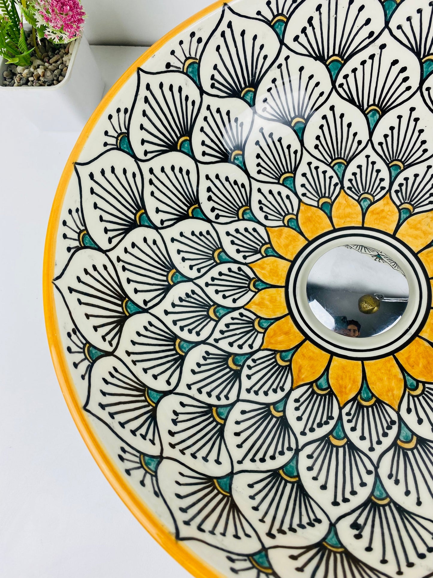 Sun flower bathroom vessel sink made from ceramic 100% handmade hand painted for bathroom - sink decor built with mid century modern Flair