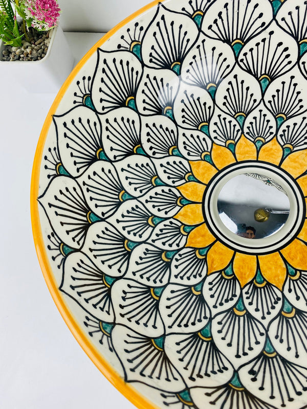 Sun flower bathroom vessel sink made from ceramic 100% handmade hand painted for bathroom - sink decor built with mid century modern Flair