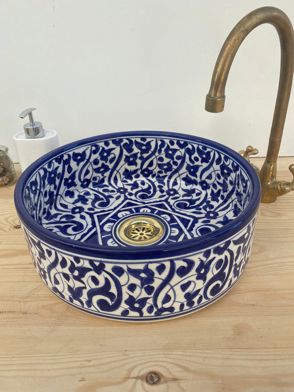Bathroom vessel sink blue made from ceramic 100% handmade hand painted, ceramic sink decor built with mid century modern styling