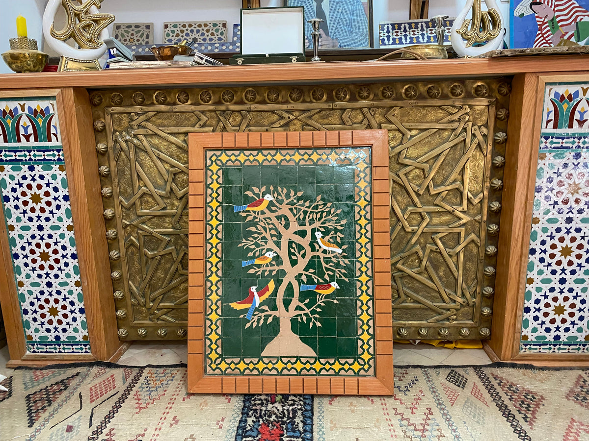 Moroccan Green mosaic wall hanging with wooden frame, small mosaic pieces birds on a tree, wall mosaic decor mosaic art  , tiles clay wall art
