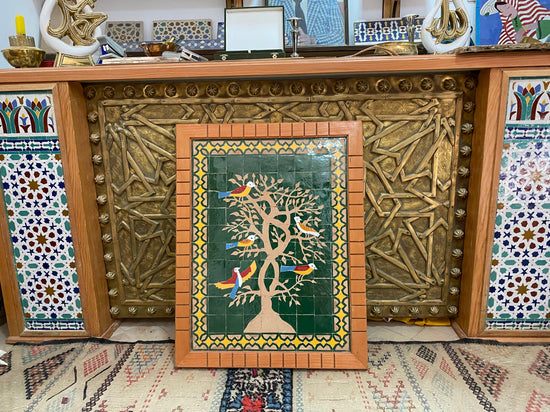 Moroccan Green mosaic wall hanging with wooden frame, small mosaic pieces birds on a tree, wall mosaic decor mosaic art  , tiles clay wall art