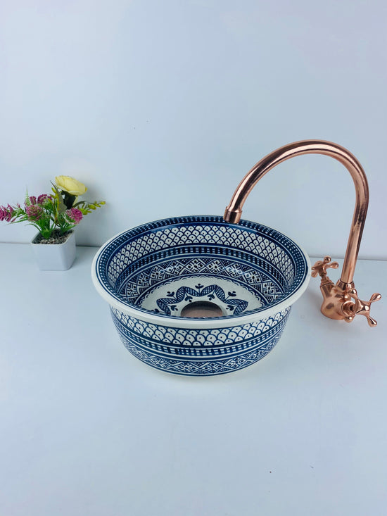 Bathroom vessel sink White and Blue 100% handmade hand painted - ceramic sink decor built with mid century modern Flair