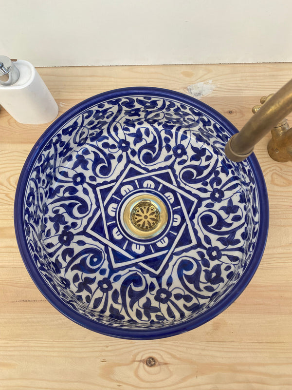 Bathroom vessel sink blue made from ceramic 100% handmade hand painted, ceramic sink decor built with mid century modern styling