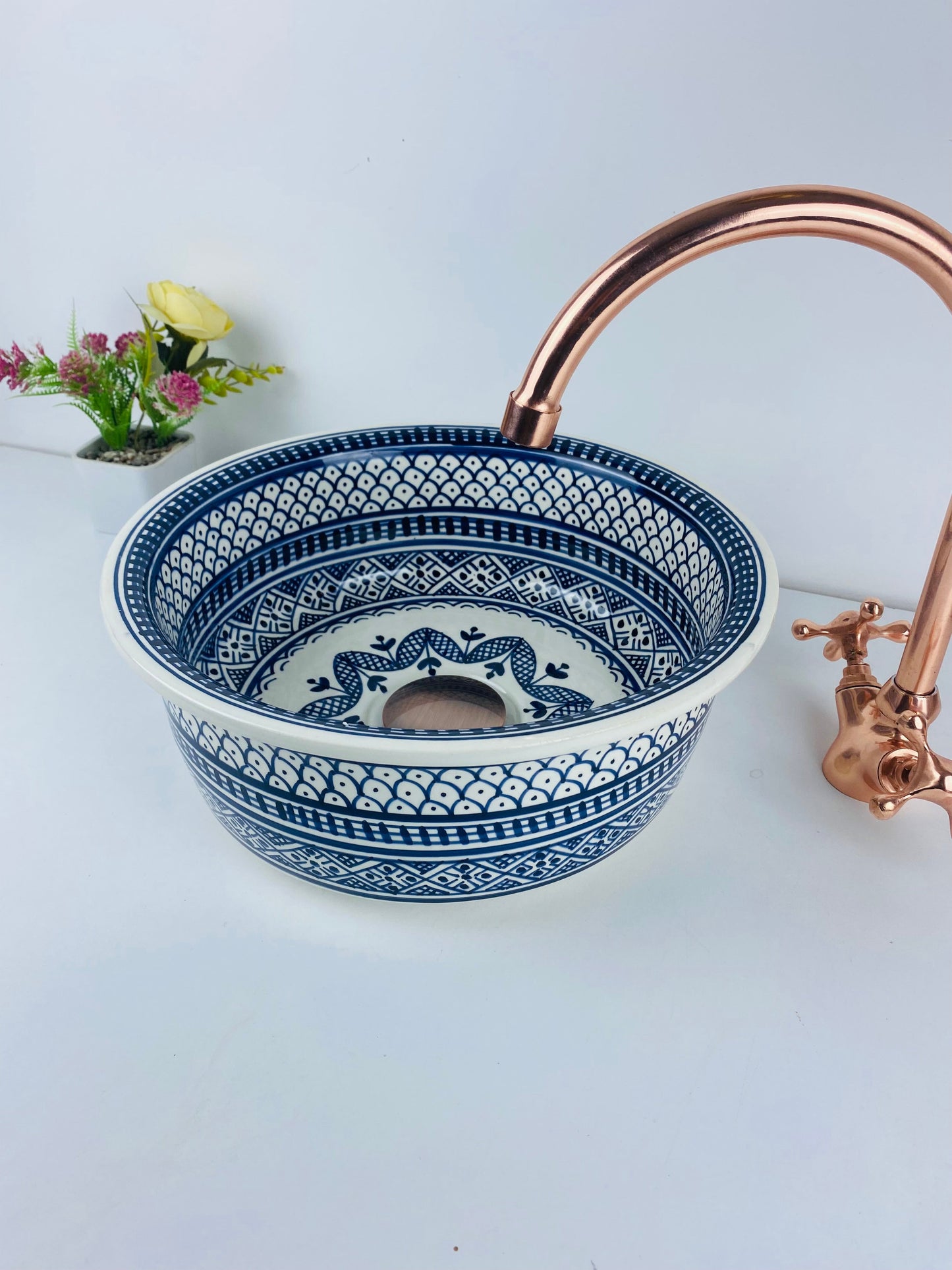 Bathroom vessel sink White and Blue 100% handmade hand painted - ceramic sink decor built with mid century modern Flair