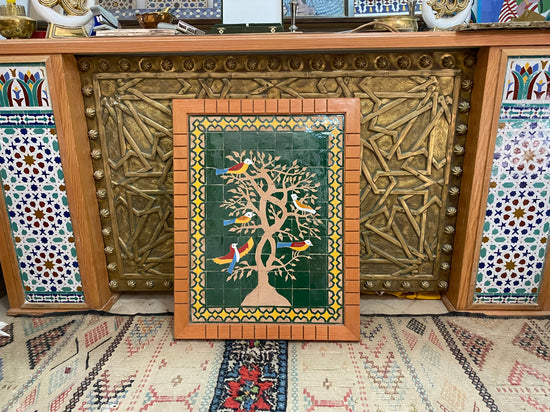 Moroccan Green mosaic wall hanging with wooden frame, small mosaic pieces birds on a tree, wall mosaic decor mosaic art  , tiles clay wall art