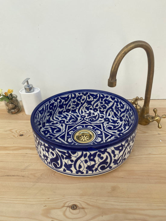 Bathroom vessel sink blue made from ceramic 100% handmade hand painted, ceramic sink decor built with mid century modern styling