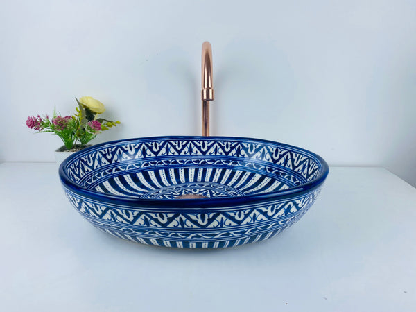 Blue minimalist basin - Bathroom vessel sink -  100% handmade hand painted - ceramic sink decor built with mid century modern Flair + gift