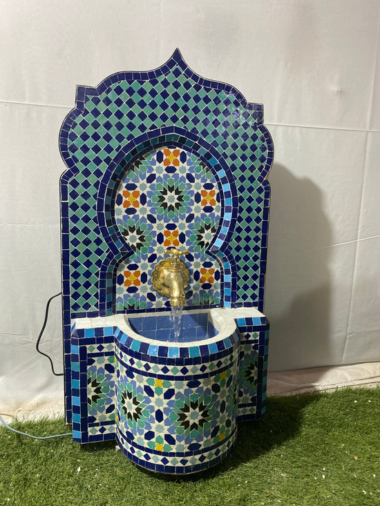 Fountain with colorful small mosaic, water inside fountain, Moroccan Mosaic Fountain, terrace Indoor Decor.