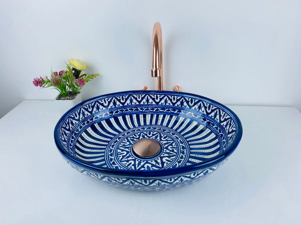 Blue minimalist basin - Bathroom vessel sink -  100% handmade hand painted - ceramic sink decor built with mid century modern Flair + gift