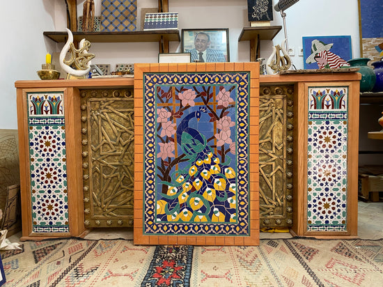 Moroccan mosaic peacock wall hanging with wooden frame, small mosaic pieces peacock , wall mosaic decor mosaic art  , tiles clay wall art