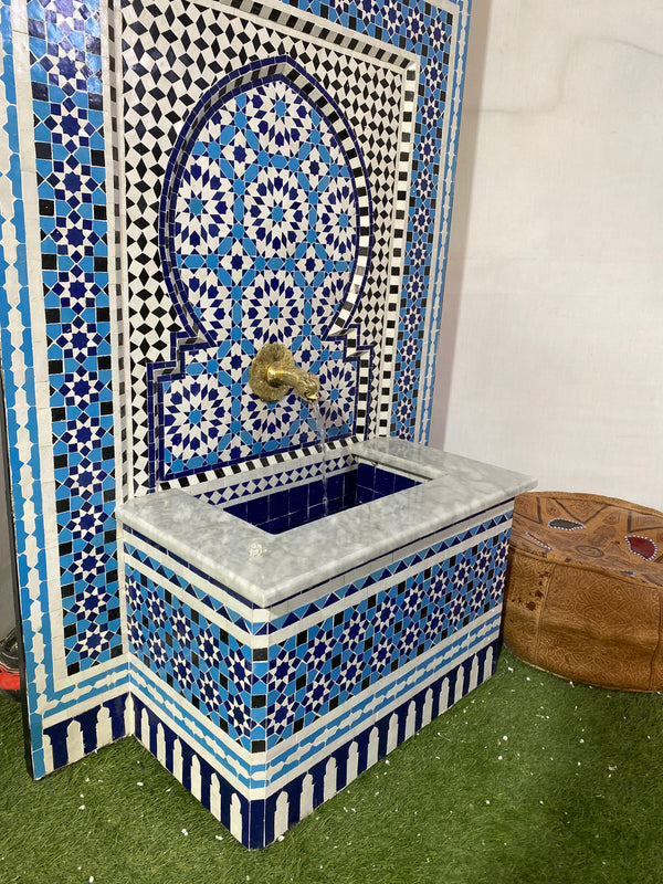 Moroccan mosaic fountain ,Moorish mosaic tile fountain Mosaic , water inside fountain, Moroccan Mosaic Fountain, terrace Indoor Decor.