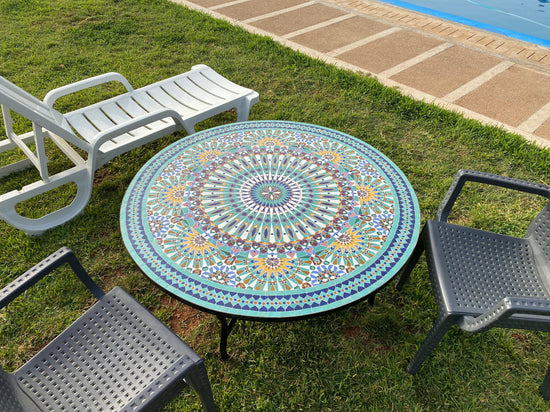 Unique Mosaic Table for Outdoor & Indoor unique mandala design 100% handcrafted, large luxury Round table made from green tiles